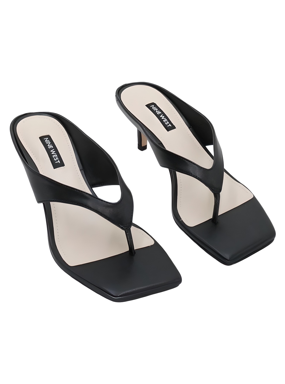 Nine West Olanna3 Black Square Toe Thong 3" Heel Sandals Size 7M
